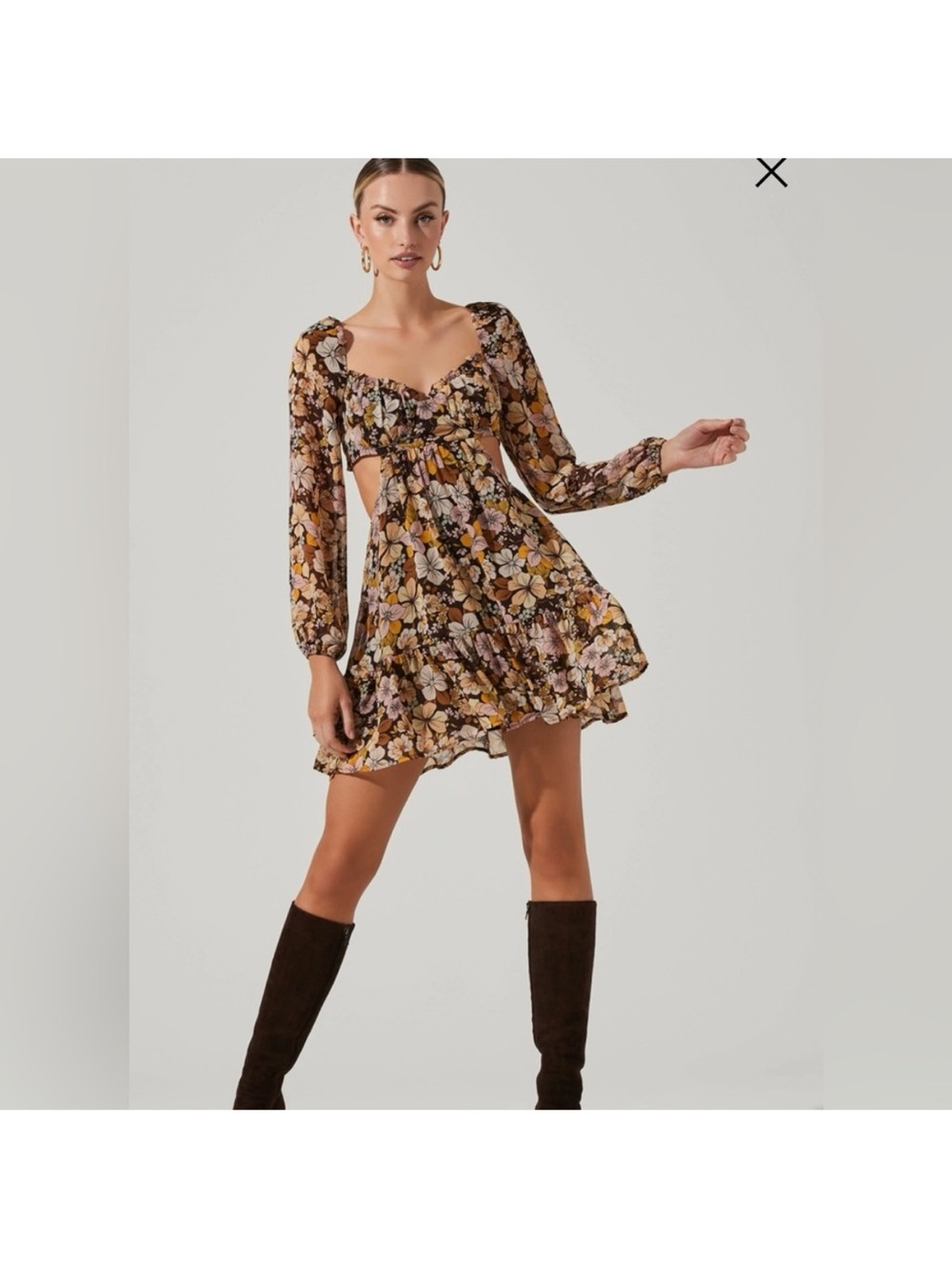 Astr Teyla Floral Cutout Long Sleeve Mini Dress